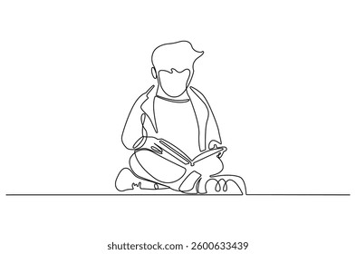 Continuous one line drawing of boy reading a book. Single line drawing illustration boy studying. World children book day concept vector art. Doodle line illustration.
