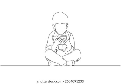 Continuous one line drawing of boy sitting on floor playing mobile games, mobile phone addiction behavior in childhood concept, single line art