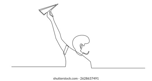 continuous one line drawing of boy playing with paper airplane.one line drawing of flying paper airplane.line art illustration