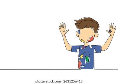 Continuous one line drawing a boy wear tshirt shows his hands and face which are full of scribbles. Experimenting with imagination. Creative. Drawing Day. Single line draw design vector illustration