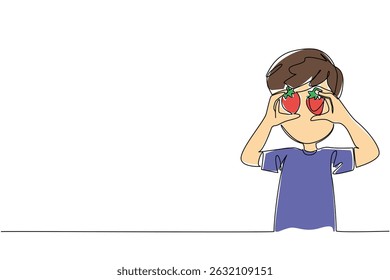 Continuous one line drawing a boy holds strawberry in both hands and puts it in front of eyes. Telling about favorite fruit. National Pick Strawberries Day. Single line draw design vector illustration