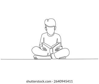 Continuous one line drawing of boy reading book. One line drawing illustration of kid read book. Studying, learning, knowledge concept single line. Editable outline