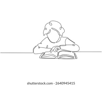 Continuous one line drawing of boy reading book. One line drawing illustration of kid read book. Studying, learning, knowledge concept single line. Editable outline