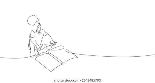 Continuous one line drawing with boy reading open books. Vector single line illustration of children reading book.