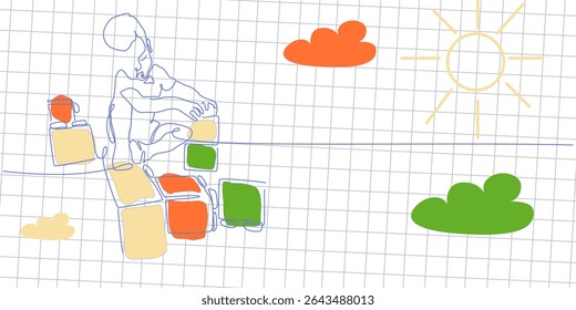 Continuous one line drawing with a boy plays with blocks. Vector single line illustration of a child plays with blocks on a notebook background