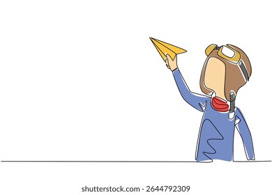 Continuous one line drawing boy wearing pilot helmet and holding paper airplane. Aspiring pilot flying his first toy plane. National Paper Airplane Day. Single line draw design vector illustration