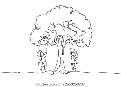 Continuous one line drawing boy and girl jump to reach the fruit on the big tree. Shady trees, time to harvest fruit. Scramble to pick fruits. Tree Concept. Single line draw design vector illustration