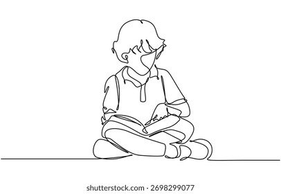 Dibujo continuo de una línea de Boy estudiando con libro de lectura. Concepto de Educación Dibujado a mano Contorno Silueta Estilo de contorno
