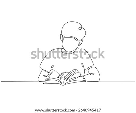 Continuous one line drawing of boy reading book. One line drawing illustration of kid read book. Studying, learning, knowledge concept single line. Editable outline