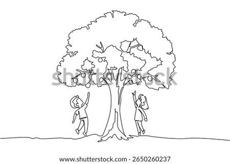 Continuous one line drawing boy and girl jump to reach the fruit on the big tree. Shady trees, time to harvest fruit. Scramble to pick fruits. Tree Concept. Single line draw design vector illustration