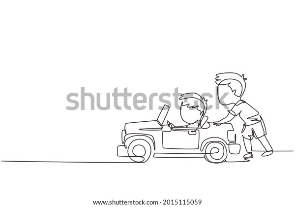 Continuous one line drawing a boy is pushing\
his friend\'s car in the road. Kids play with big toy car together.\
Sibling having fun with at backyard. Single line draw design vector\
graphic\
illustration