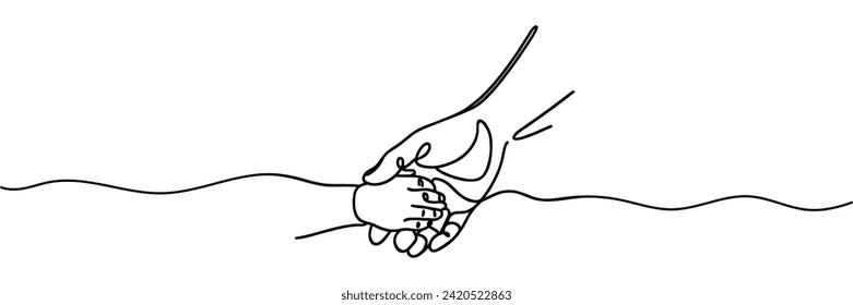 Continuous one line drawing boy's hand and father's hand . Happy father's day concept.