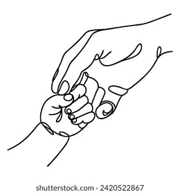 Continuous one line drawing boy's hand and father's hand . Happy father's day concept.