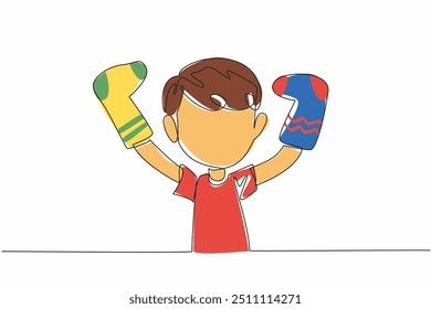 Continuous one line drawing boys wear different socks on both hands. Attention seeking intrigue. Nondisjunction embryo. Campaign. World Down Syndrome Day. Single line draw design vector illustration