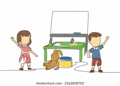 Continuous one line drawing boys and girls standing waving their hands. Invitation to see work of children. Smart generation. National Kindergarten Day. Single line draw design vector illustration