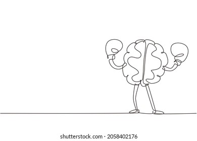 Continuous one line drawing brain with boxing gloves celebrating victory. Concept of proving and defending your position, power mind, memory. Single line draw design vector graphic illustration