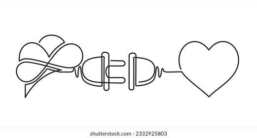 Continuous one line drawing of Brain and the heart connected with a cable. Vector Illustration