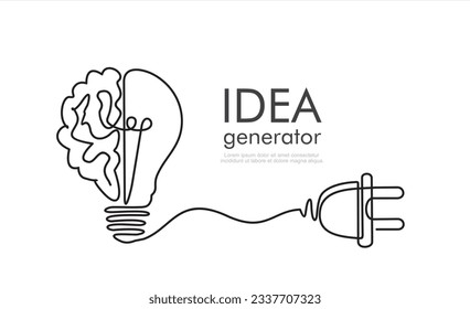 Dibujo continuo de una línea de 
cerebro, bombilla y enchufe. Generador de ideas creativas - banner de concepto infográfico para presentación, folleto, sitio web y otros proyectos de diseño. Diseño mental.