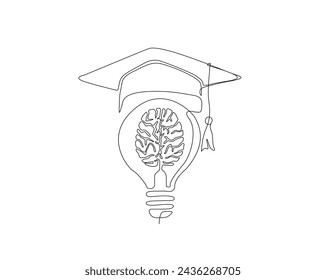 Continuous one line drawing of Brain with graduation cap and lamp. Graduation cap, brain and bulb single outline vector illustration. Editable stroke.