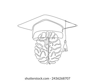 Continuous one line drawing of Brain with graduation cap. Graduation cap and brain single outline vector illustration. Editable stroke.