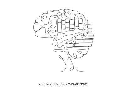 Continuous one line drawing of brain with piles of books indise, accumulation of knowledge or intellectual development concept, single line art.