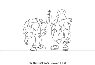 Continuous one line drawing of brain and heart character making high five gesture, brain-heart connection, relationship between mental and physical health concept, single line art