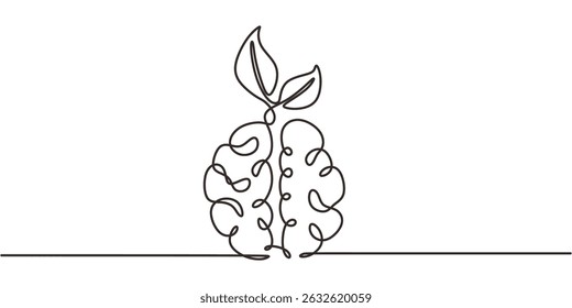 Uma Linha Contínua Desenhando A Planta Que Cresce O Cérebro. Eco Psicologia Ideia Ambiental. Natureza consciente.
