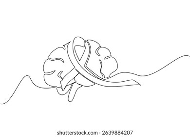 Continuous one line drawing brain with ribbon in the middle. A disease that is very difficult to predict. Paralyze the brain. World Multiple Sclerosis Day. Single line draw design vector illustration