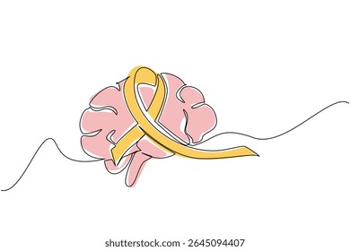 Uma linha contínua desenhando o cérebro com fita no meio. Uma doença que é muito difícil de prever. Paralisia do cérebro. Dia Mundial da Esclerose Múltipla. Ilustração de vetor de design de desenho de linha única
