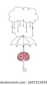 Continuous one line drawing of brain under umbrella. Line art concept of mental health. Vector illustration 
