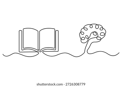 Continuous one line drawing of brain coming from open book education concept
