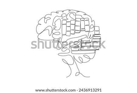 Continuous one line drawing of brain with piles of books indise, accumulation of knowledge or intellectual development concept, single line art.