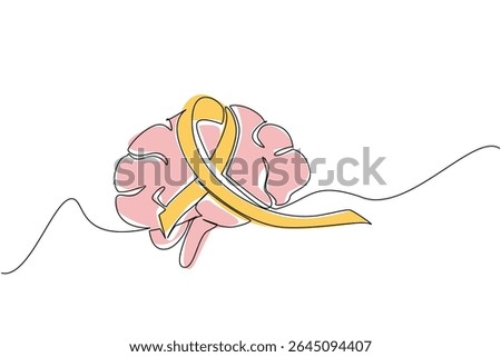 Continuous one line drawing brain with ribbon in the middle. A disease that is very difficult to predict. Paralyze the brain. World Multiple Sclerosis Day. Single line draw design vector illustration