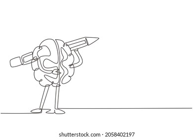 Continuous one line drawing brainy student human brain character with carrying pencil on shoulder. Storytelling logo, writer icon. Training of writing skills concept. Single line draw design vector