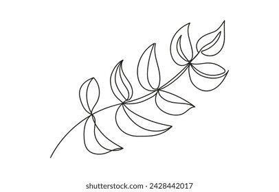 Continuous one line drawing of branch with leaves. Plant. Line art. Concept of nature, ecology, organic shapes. White backdrop. Design element for print, postcard, scrapbooking, coloring book. 