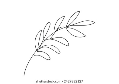 Continuous one line drawing of branch with leaves. Line art. Olive branch. Plant. Concept of peace, organic element. White backdrop. Design element for print, postcard, scrapbooking, coloring book.  