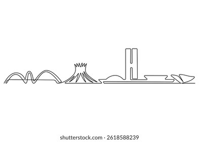 Continuous one line drawing of Brasilia city skyline. Single line drawing illustration of Brazil cityscape. Beautiful buildings and architecture concept vector art. Doodle line illustration.