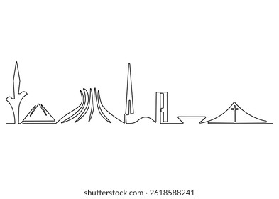 Continuous one line drawing of Brasilia city skyline. Single line drawing illustration of Brazil cityscape. Beautiful buildings and architecture concept vector art. Doodle line illustration.