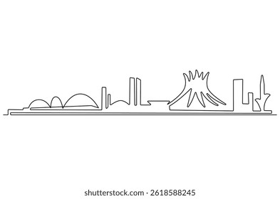 Continuous one line drawing of Brasilia city skyline. Single line drawing illustration of Brazil cityscape. Beautiful buildings and architecture concept vector art. Doodle line illustration.