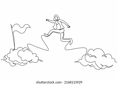 Continuous one line drawing brave businesswoman jump and leap over clouds to reach success target flag. Challenge of her career. Business metaphor. Single line draw design vector graphic illustration