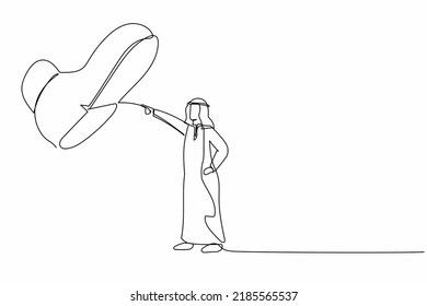 Continuous one line drawing brave Arab businessman facing against giant shoes stomping. Male manager pointing against giant foot step. Minimal metaphor. Single line design vector graphic illustration