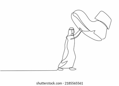 Continuous one line drawing brave Arabian businessman against giant shoes stomping. Manager push against giant foot step. Minimal metaphor concept. Single line draw design vector graphic illustration