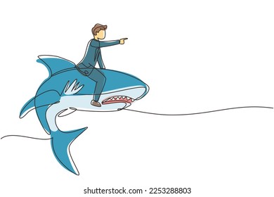 Continuous one line drawing brave businessman riding huge dangerous shark. Professional entrepreneur male character fight with predator. Successful business man. Single line draw design vector graphic