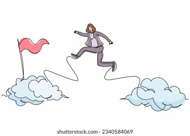 Continuous one line drawing brave businesswoman jump and leap over clouds to reach success target flag. Challenge of her career. Business metaphor. Single line draw design vector graphic illustration