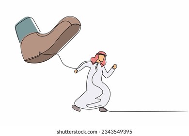 Continuous one line drawing brave Arabian businessman run away from stomping foot. Male employee oppressed by boss with under big shoe. Minimalist metaphor. Single line draw design vector illustration