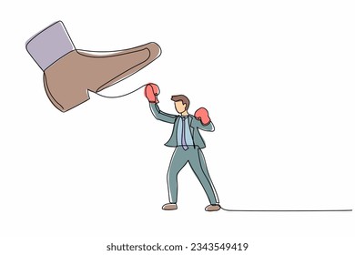Continuous one line drawing brave businessman punching uppercut under big foot stomp. Male employee against dictatorial boss. Minimalist metaphor. Single line draw design vector graphic illustration