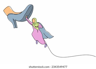 Continuous one line drawing brave Arab businesswoman flying with hero capes against giant shoes stomping. Female manager fly up against giant foot step. Single line design vector graphic illustration