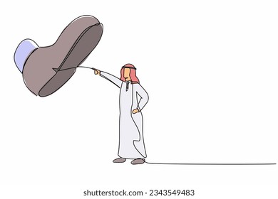 Continuous one line drawing brave Arab businessman facing against giant shoes stomping. Male manager pointing against giant foot step. Minimal metaphor. Single line design vector graphic illustration