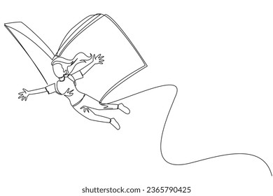 Continuous one line drawing brave woman flying with wings that come from an open big book. Metaphor carried away with the storyline. Constructive fantasy. Single line draw design vector illustration