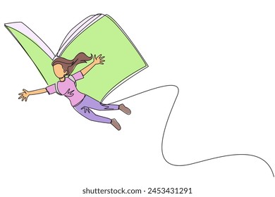 Línea continua dibujando a una mujer valiente volando con alas que provienen de un libro grande abierto. La metáfora se llevó la historia. Fantasía constructiva. Ilustración vectorial de diseño de dibujo de una sola línea